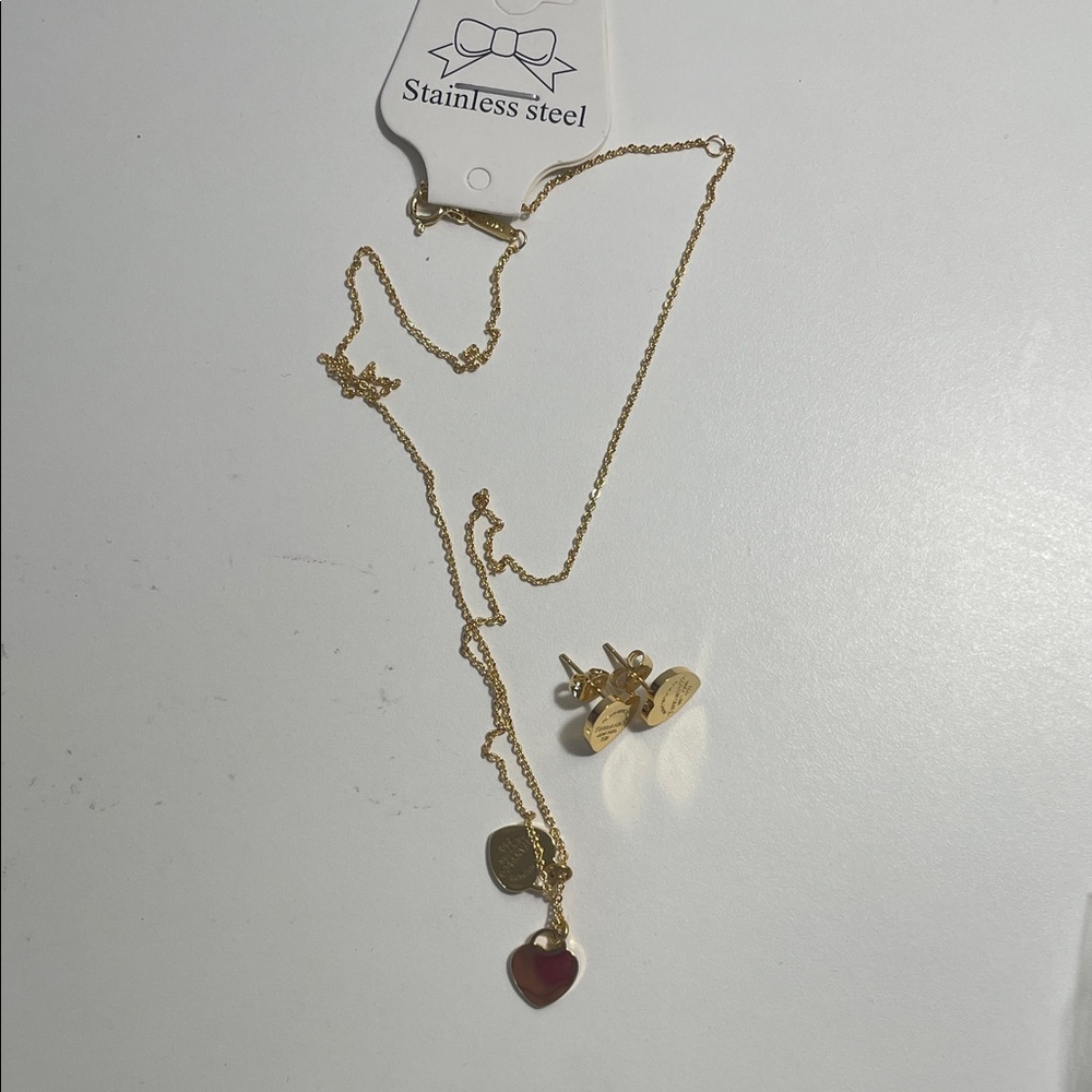 Tiffany & Co. Gold Necklace with Red Heart Pendant and Gold Studs